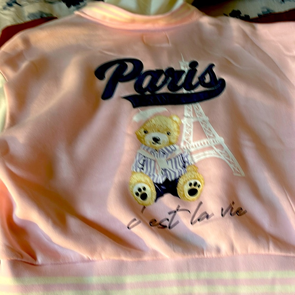 Cute pink and white hoodies. Paris bear, c’est la vie in the back.